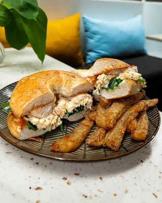 Chicken, Egg and Spinach Bagel